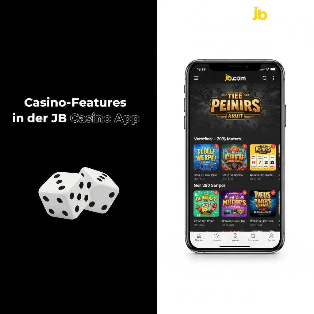 JB Casino App mit Startbildschirm: Top‑Spiele, Roulette, Blackjack, Slots großer Studios, Live‑Casino und Bonusaktionen