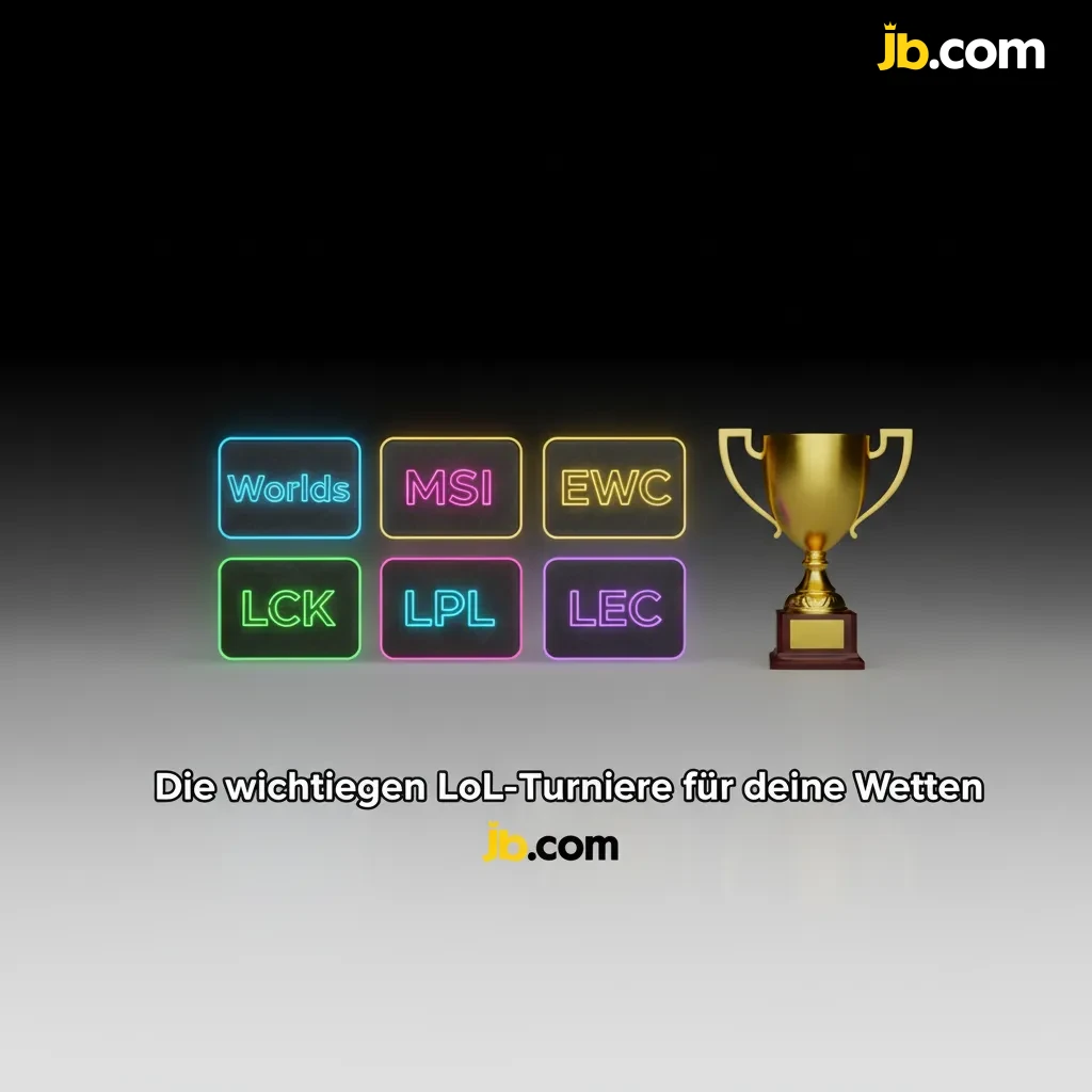 Logos der wichtigsten LoL-Turniere für Wetten: Worlds, MSI, EWC, LCK, LPL, LEC