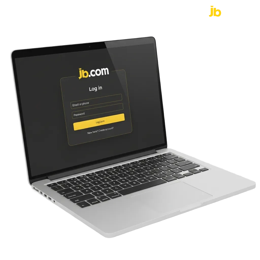 JB Casino Login-Screen mit E-Mail/Telefon, Passwort und optionaler 2FA auf Laptop und Smartphone, Schloss-Symbol.