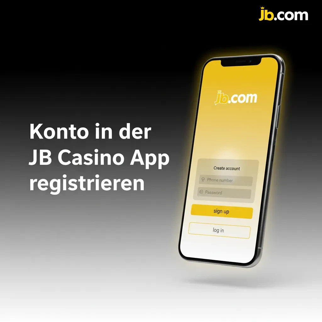 JB Casino App: Registrierungsbildschirm mit Schritten für Österreich, E-Mail/Telefon, Passwort, 18+, Bonus und Verifizierung.